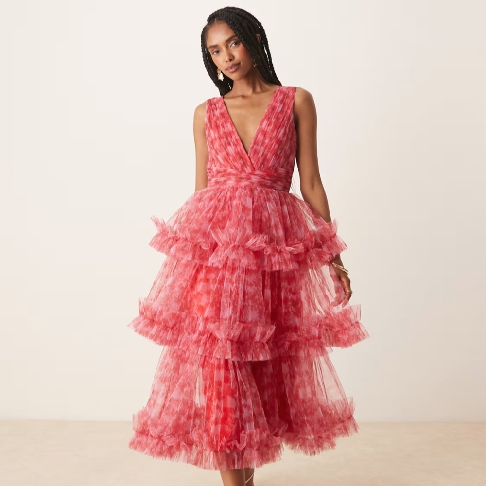 Elegant Red Tiered Tulle Midi Dress - Size 16 In UK 12 in US